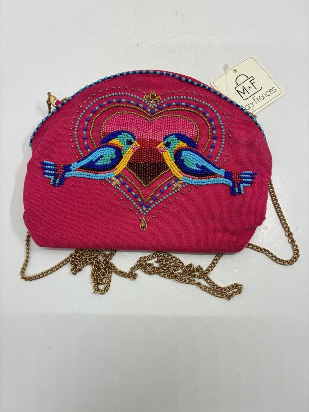 Mary Frances Love Birds Beaded Crossbody Bag With Pink Canvas Design & Gold Chai